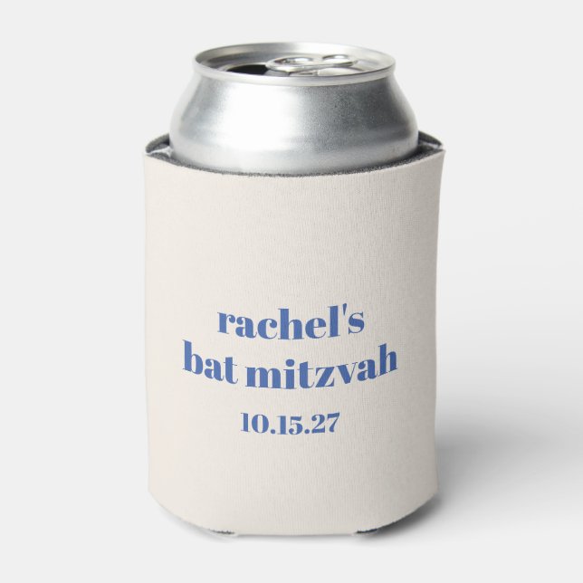 Bold Typography Ivory Blue Custom Cute Bat Mitzvah Can Cooler (Can Front)