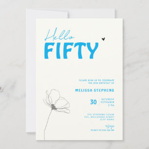 Bold Typography Ivory Blue Elegant 50th Birthday Invitation