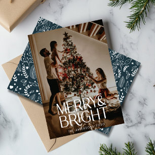 Bold Typography Merry and Bright Photo Botanical  Holiday Card
