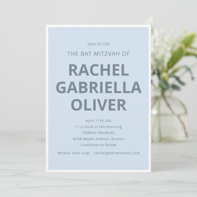 Bold Typography Modern Cool Soft Blue Bat Mitzvah Invitation (Standing Front)