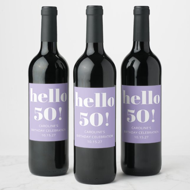 Bold Typography Modern Lavender Birthday Party 50 Wine Label (Bottles)