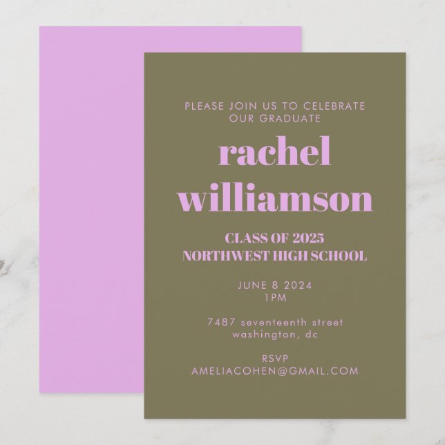 Bold Typography Olive and Lilac Graduation Party Invitation (Front/Back)