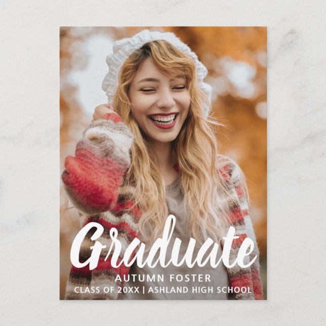 Bold Typography Photo Modern Graduation Announcement Postcard (Front)