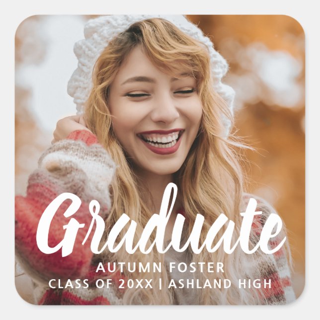 Bold Typography Photo Modern Graduation Square Sticker (Front)