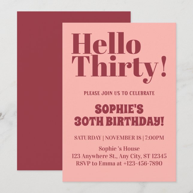 Bold Typography Pink and Burgundy 30th Birthday  Invitation (Front/Back)