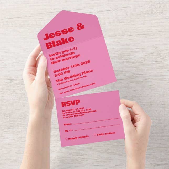 Bold Typography, Pink and Red Wedding All In One Invitation (Tearaway)
