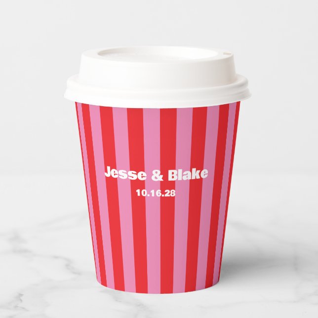 Bold Typography, Pink and Red Wedding Paper Cups (Front)