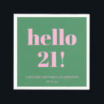 Bold Typography Pink Green Modern 21st Birthday  Napkin<br><div class="desc">This personalized party napkin in pink and green features bold “hello 21!” typography in a clean, modern layout for a fun milestone birthday celebration. Customized with a name and date, it adds a playful yet polished touch to bar setups, dessert tables, or party place settings. The simple design works well...</div>