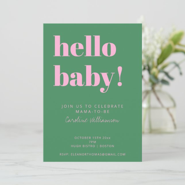 Bold Typography Pink Green Modern Baby Shower Invitation (Standing Front)