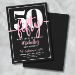 Bold Typography Pink Modern 50th Birthday Invitation<br><div class="desc">Introducing a simple and modern 50th birthday party invitation, perfect for celebrating this milestone in style. The sleek design features a bold black background with a prominent "50" at the top. Below, "Fifty" is elegantly written in script calligraphy, adding a touch of sophistication. The text throughout the invitation combines a...</div>