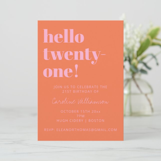Bold Typography Pink Orange Modern 21st Birthday Invitation (Standing Front)