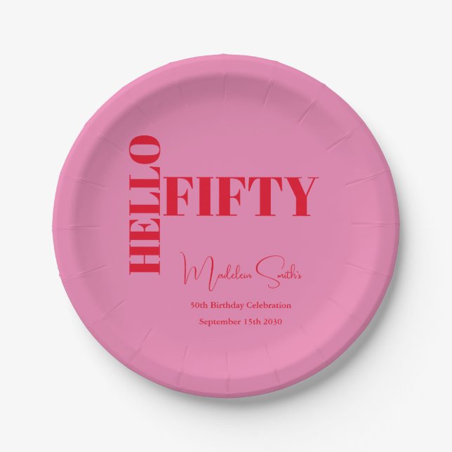Bold Typography Pink Red Modern 50th Birthday Paper Plate (Front)
