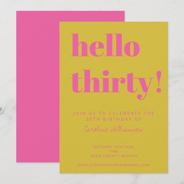 Bold Typography Pink Yellow Modern 30th Birthday Invitation (Front/Back)