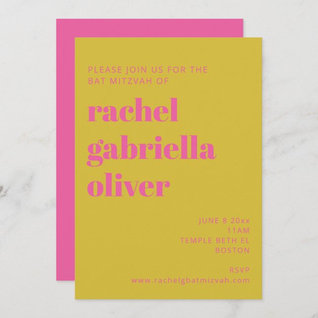 Bold Typography Pink Yellow Modern Bat Mitzvah Invitation (Front/Back)