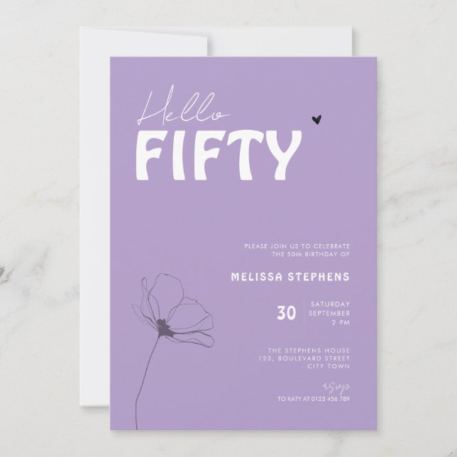Bold Typography Purple White Elegant 50th Birthday Invitation (Front)