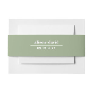 Bold typography sage green minimalist wedding invitation belly band