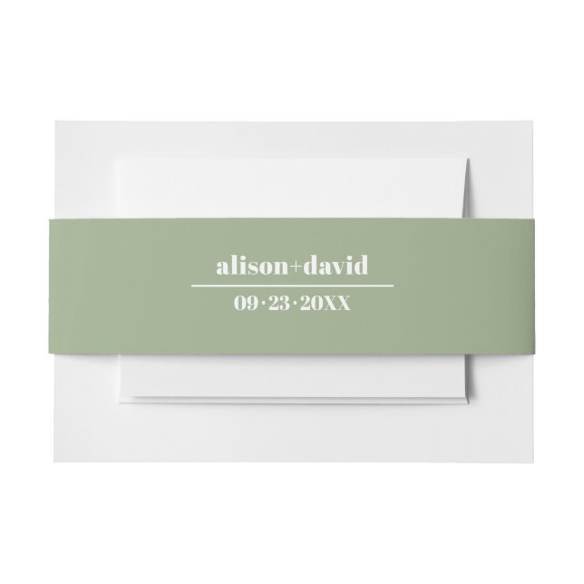 Bold typography sage green minimalist wedding invitation belly band (Front Example)