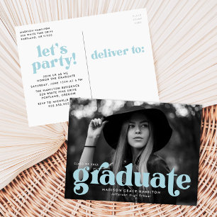 Bold Typography Sky Blue Photo Graduation Party Invitation Postcard