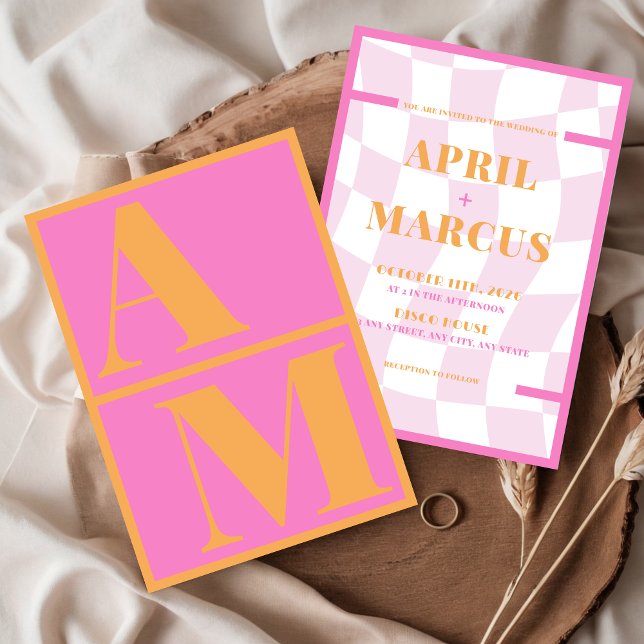 Bold Typography Vibrant Pink Orange Monogram Invitation (Orange Pink Bold Typography Wedding Invitation)