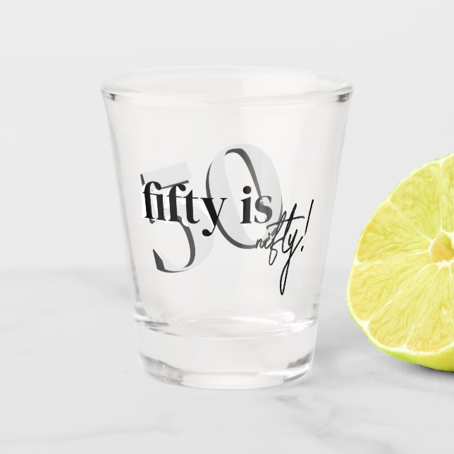 Bold Typography w/ Calligraphy 50th Birthday Shot Glass (Front)
