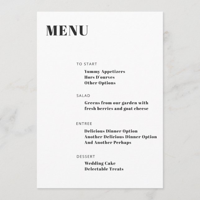 Bold Typography White Modern Minimalist Menu (Front)