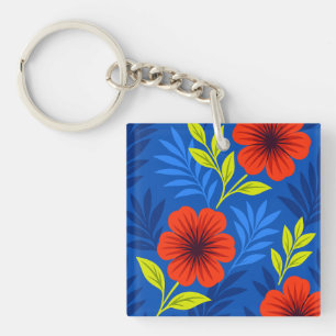Bold Vermilion Red Florals with Elegant Leaves Key Ring