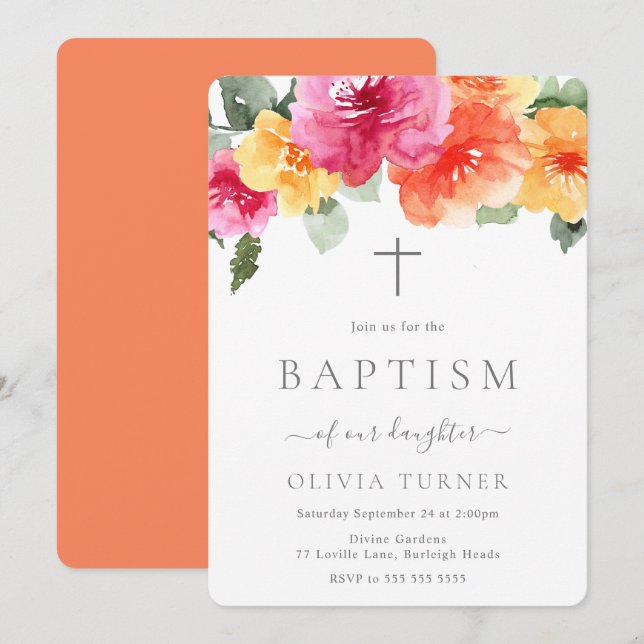 Bold Vibrant Colourful Botanical Floral Baptism Invitation (Front/Back)