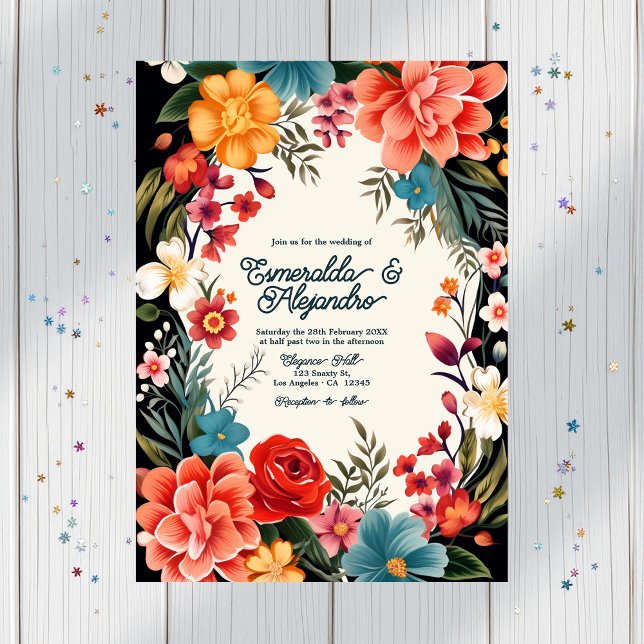 Bold Vibrant Floral Fiesta Wedding Photo & QR Code Invitation (Bold Vibrant Floral Fiesta Wedding Photo & QR Code Invitation)