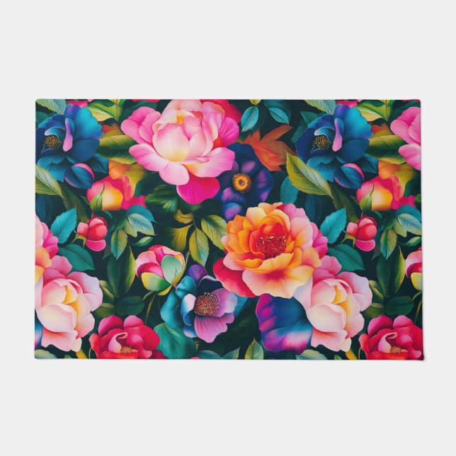Bold vibrant roses pattern doormat (Front)