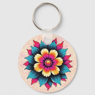 Bold Vibrant Stylized Flower in Yellow, Pink, Blue Key Ring