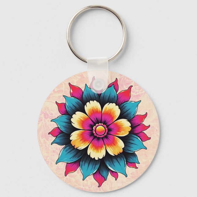Bold Vibrant Stylized Flower in Yellow, Pink, Blue Key Ring (Front)
