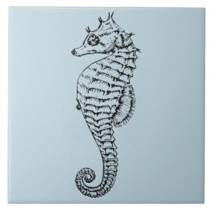 bold vinatge seahorse in light blue tile
