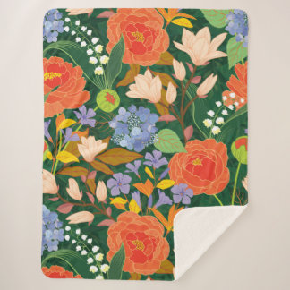 Bold Vintage Garden Floral Pattern Sherpa Blanket