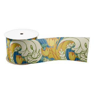 Bold Vintage Tulip Blue Gold Green Floral Pattern Satin Ribbon