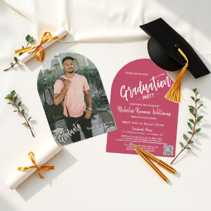 Bold Viva Magenta Arch Photo Grad Party Invitation