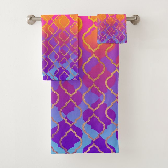 Bold Vivid Vibrant Colourful Pink Orange Gold Bath Towel Set (Insitu)