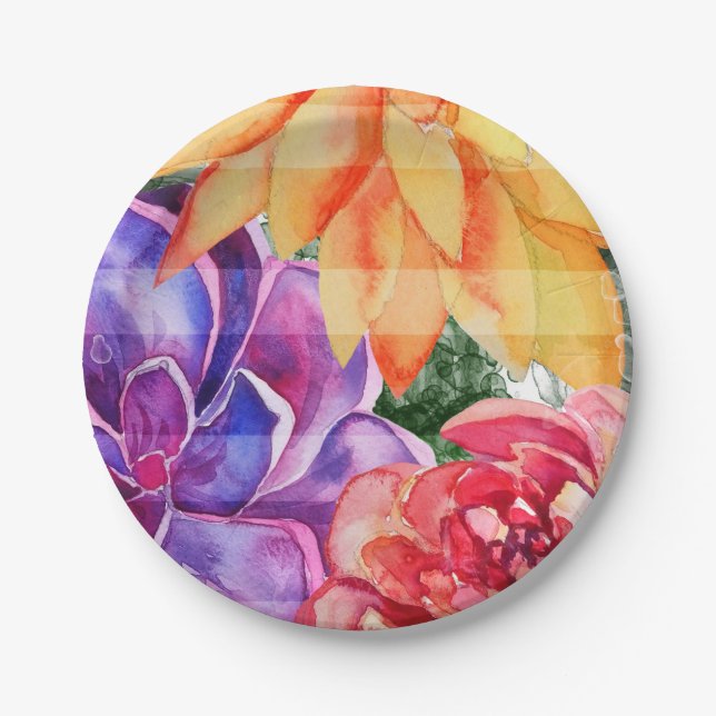 Bold Vivid Vibrant Colourful Succulents Party Paper Plate (Front)