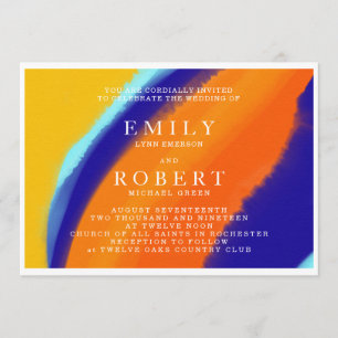 Bold Waterclor Orange and Blue Wedding Invitation