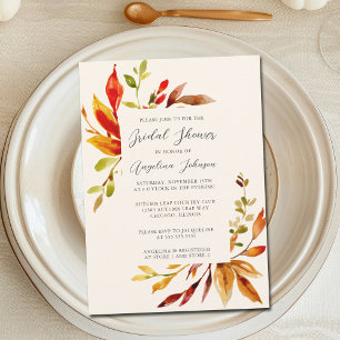 Bold Watercolor Autumn Leaves Cream Bridal Shower Invitation