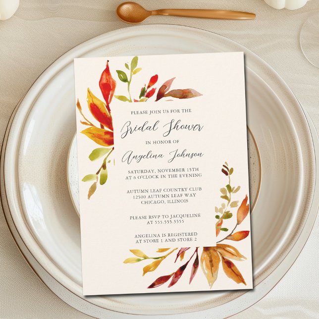 Bold Watercolor Autumn Leaves Cream Bridal Shower Invitation (Creator Uploaded)