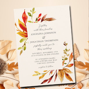 Bold Watercolor Autumn Leaves Cream Wedding Invitation