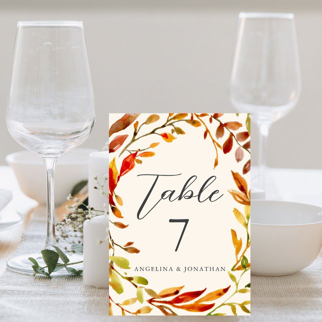 Bold Watercolor Autumn Leaves Wedding Table Number (Creator Uploaded)
