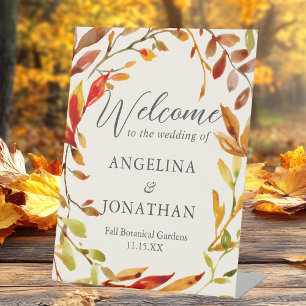 Bold Watercolor Autumn Leaves Wedding Welcome Pedestal Sign