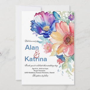 Bold Watercolor Floral Blue Pink Peach Wedding Invitation