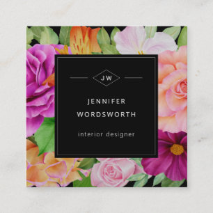 Bold Watercolor Floral Purple Pink Roses Black Square Business Card
