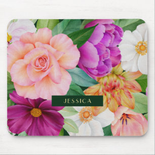 Bold Watercolor Floral Purple Pink Roses Monogram Mouse Mat