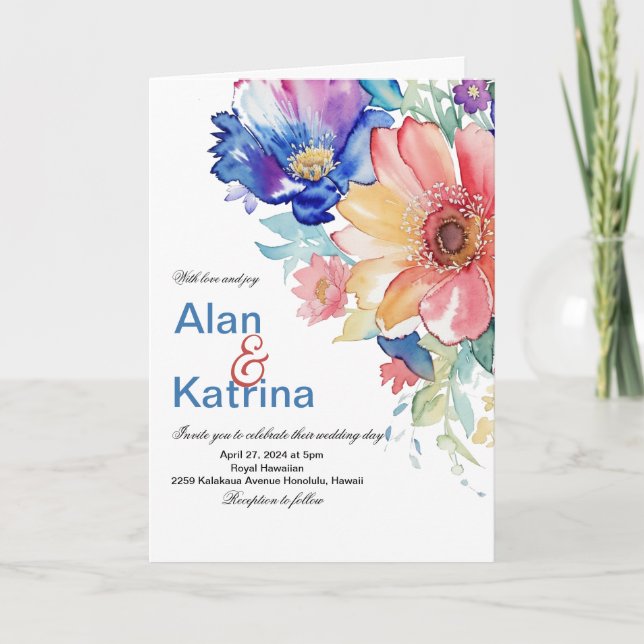 Bold Watercolor Floral Wedding Invitation (Front)