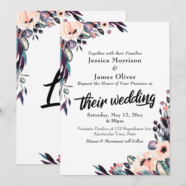 Bold Watercolor Florals with Their Wedding Script Invitation (Front/Back)