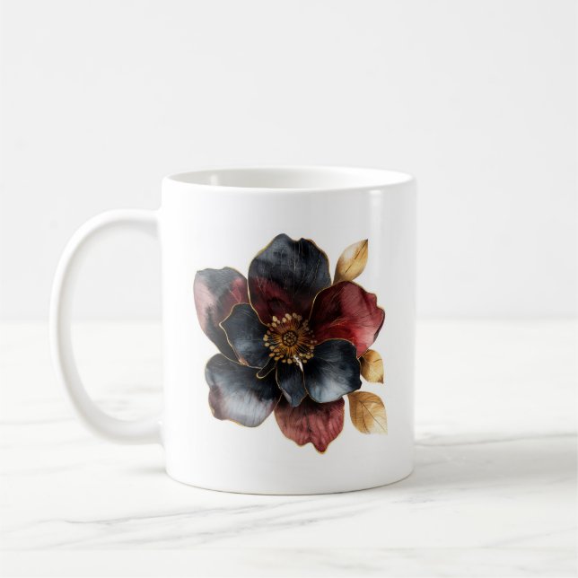 Bold watercolor gold black burgundy flowers coffee mug (Left)