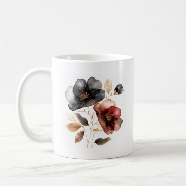 Bold watercolor gold black burgundy flowers coffee mug (Left)